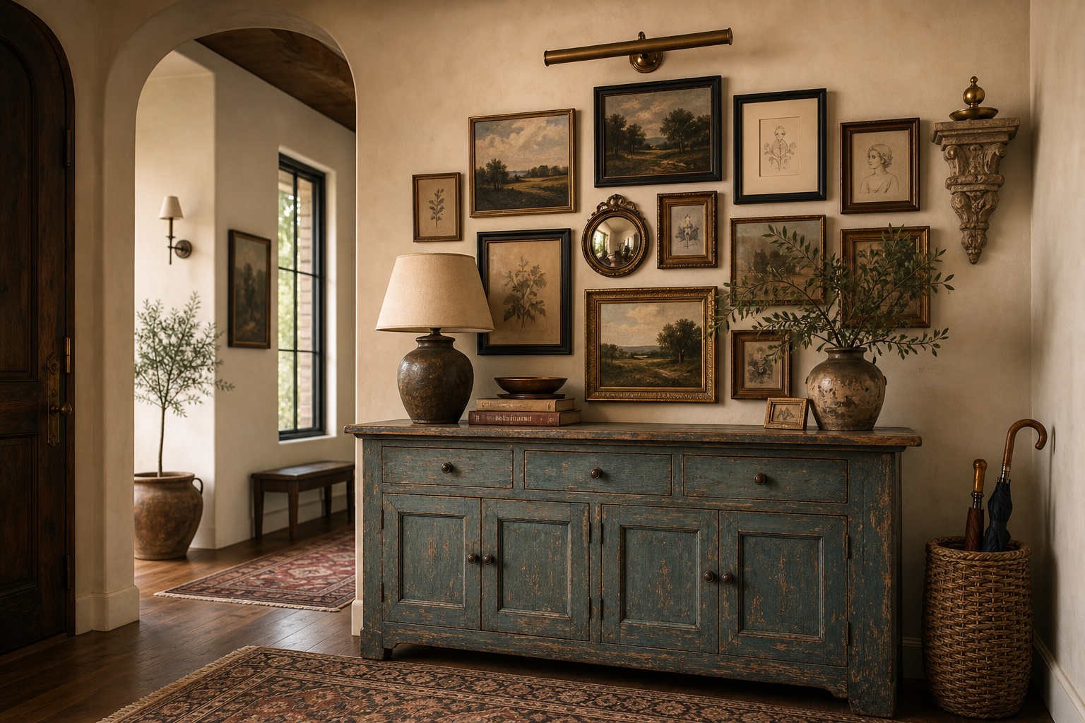 An intentional gallery wall with curated landscape paintings in varied black frames, a rustic console, and ceramic accessories below — an example of eclectic design done with cohesion