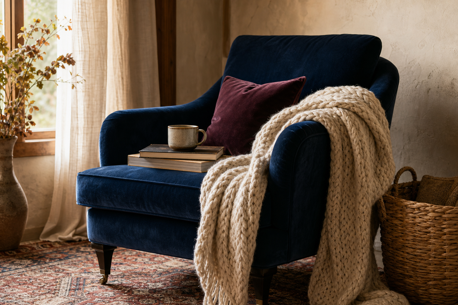 A close-up of layered textiles — a cream and sand wool rug, chunky knit throw, and velvet upholstery — showing how pattern and texture mix with a unified palette