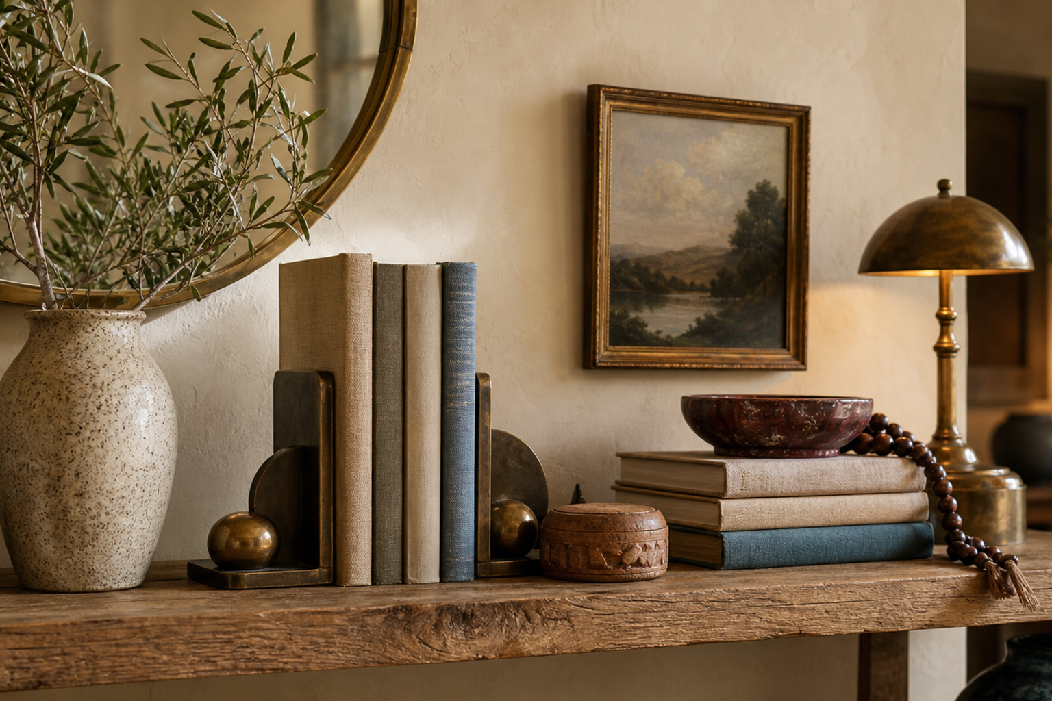 A styled corner with a natural wood shelf, ceramic vase, vintage bookends, and an arched gold mirror — mixing old and new with material harmony
