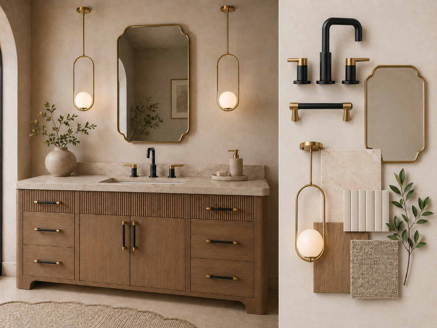 Matte black and gold hardware collage — vanity scene with Amerock pulls, Delta Nicoli faucet, and styled flatlay