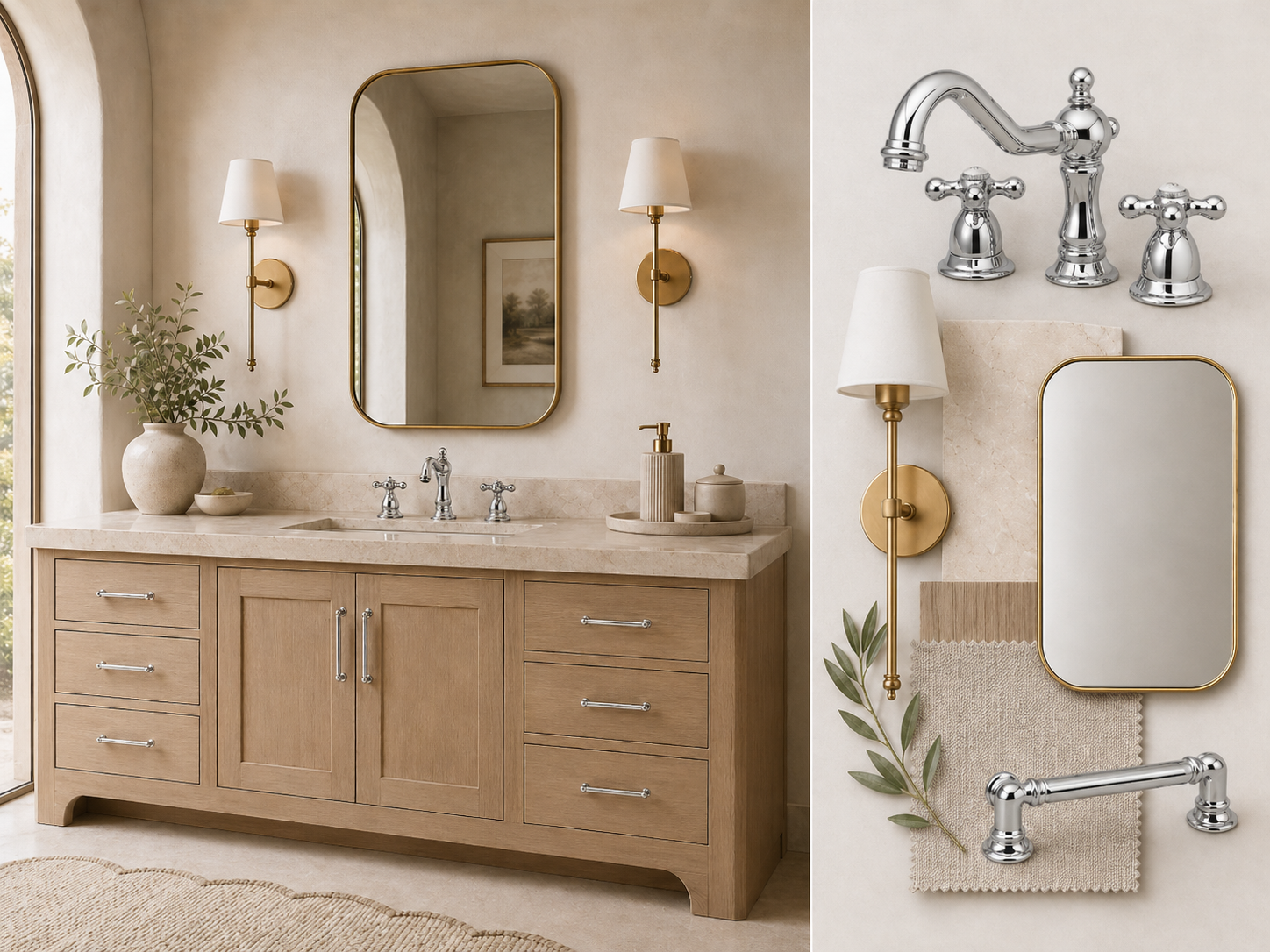 Chrome and brushed gold hardware collage — vanity scene with Kingston Brass Heritage faucet and styled flatlay