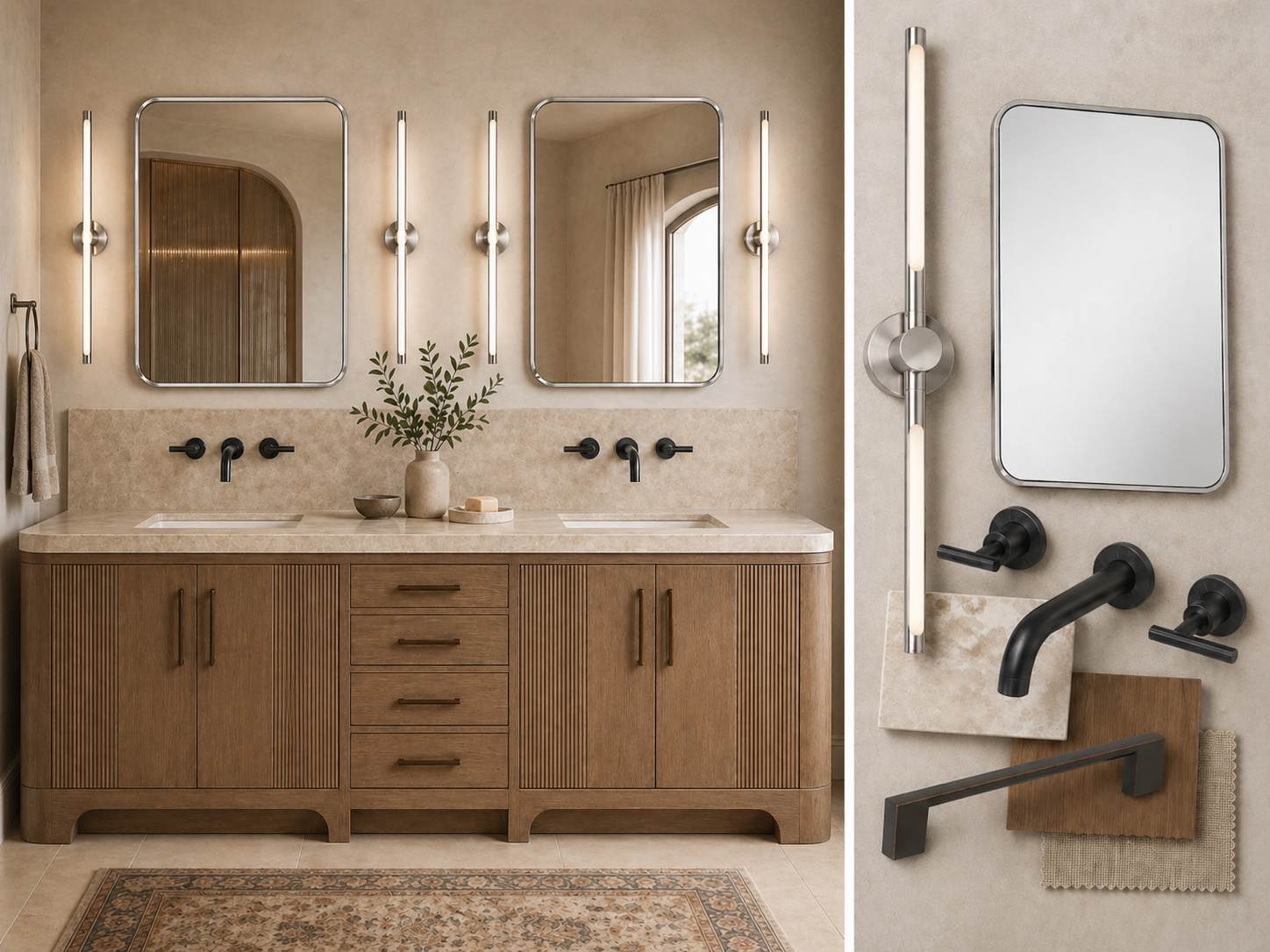 Nickel and bronze hardware collage — vanity scene with Novatto Kennedy faucet and styled flatlay