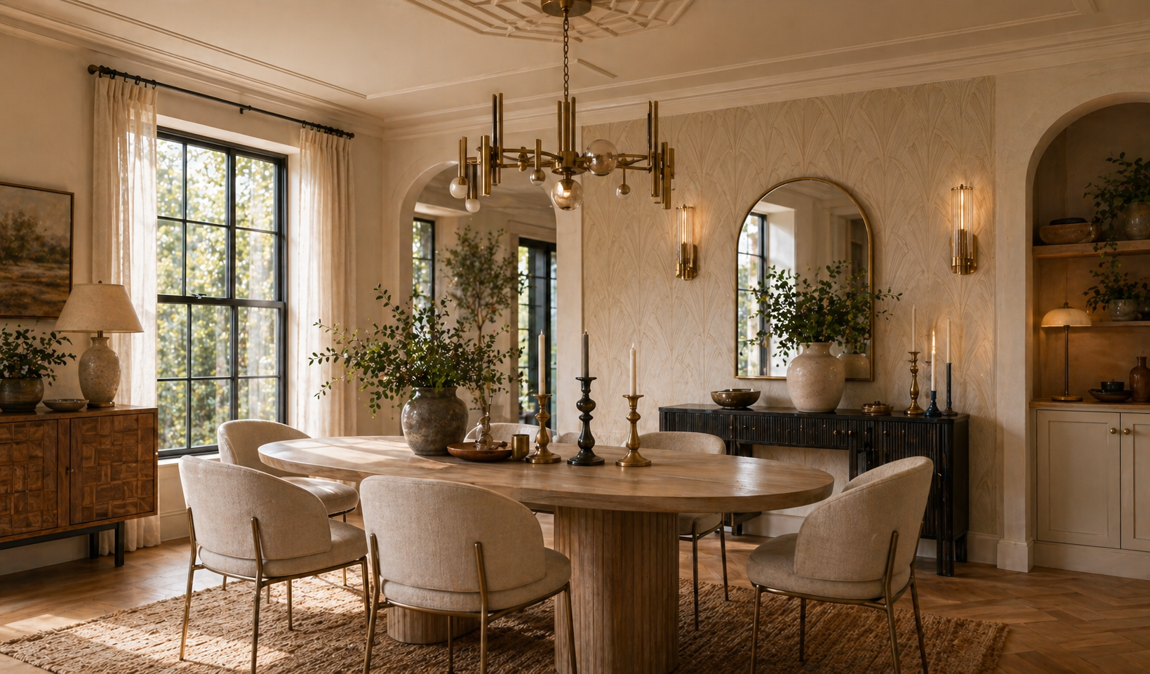 Art deco dining room with brass pendant light, contemporary dining chairs with metal legs, and mixed metal candleholders on the table