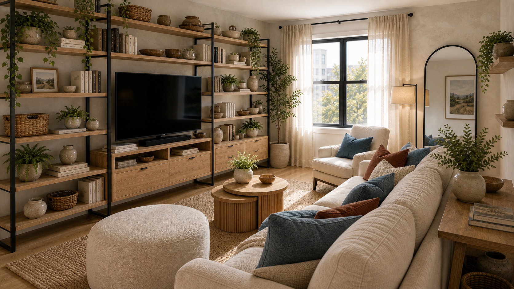 Living room with sofa floated from wall, A-frame console behind, wrap-around floating shelf at bookcase height