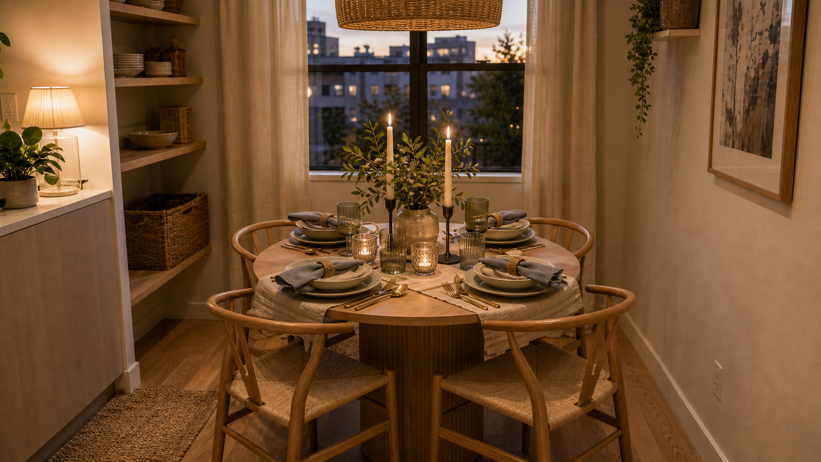 Dining set for four — round table set for dinner, warm ambient light, chairs pulled out