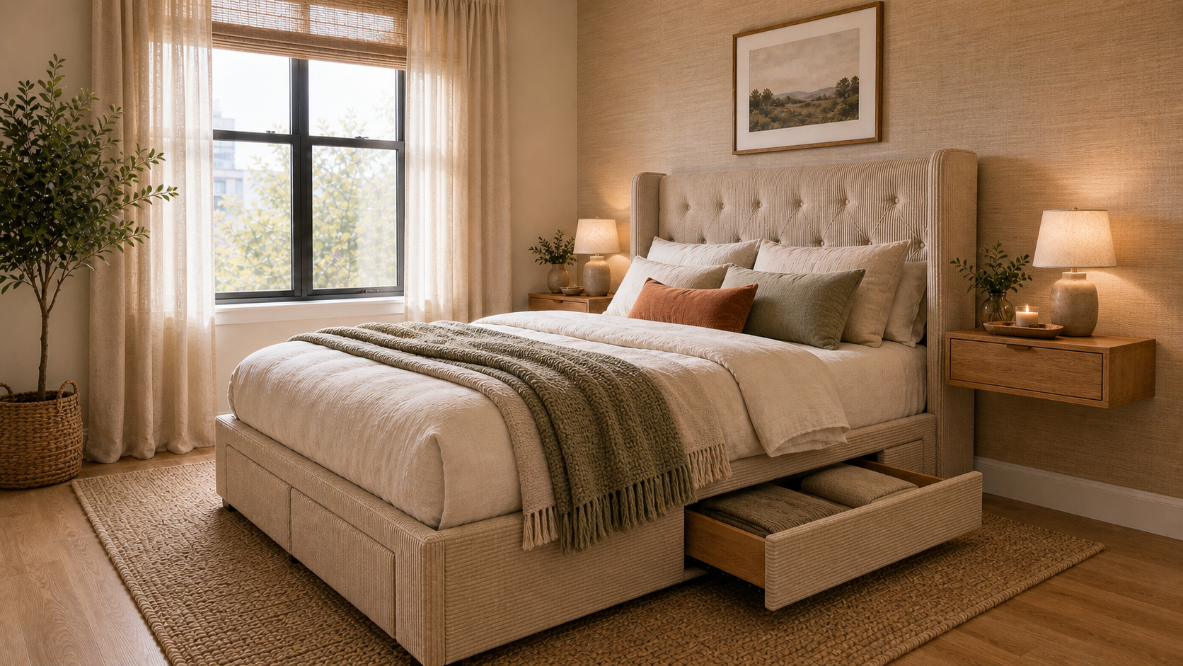Small bedroom with beige storage platform bed, floating nightstand, soft morning light