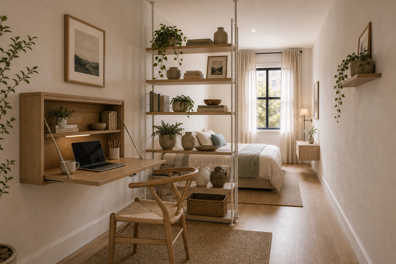 Home office / multi-use room with fold-down wall desk, floor-to-ceiling built-in bookcase acting as room divider, bedroom zone visible behind