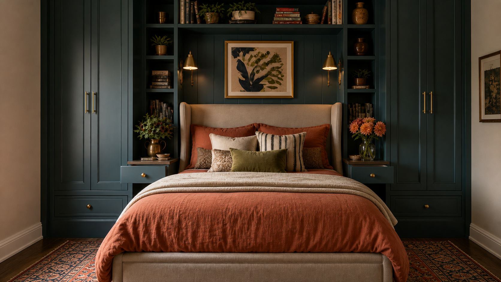 Bedroom with floor-to-ceiling teal built-in cabinetry flanking both sides of the bed, integrated pull-out drawer nightstands, rich textile bedding