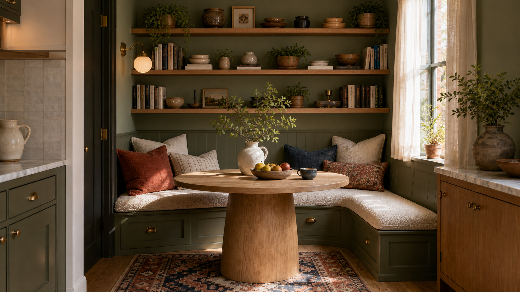 Compact built-in banquette dinette nook with round pedestal table, full-width floating shelves styled with pottery and plants, warm brass lighting