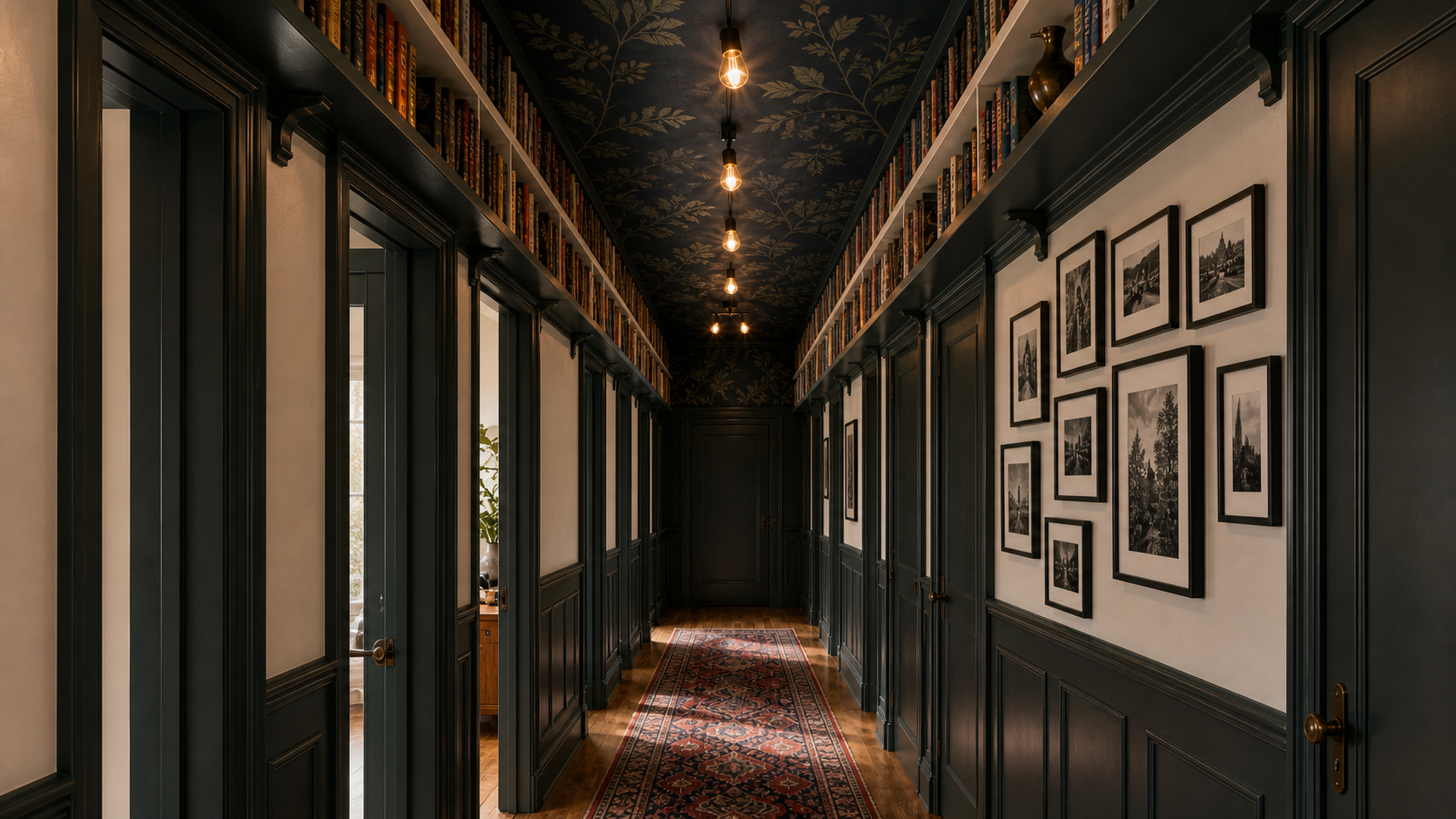 Narrow hallway with above-door bookshelves running both walls, dark green ceiling mural, wainscoting, black-frame gallery wall
