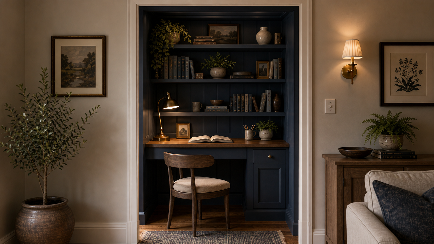 Color-drenched navy alcove home office framed through glass-paned doors — bold built-in bookcase, integrated desk, warm brass lamp