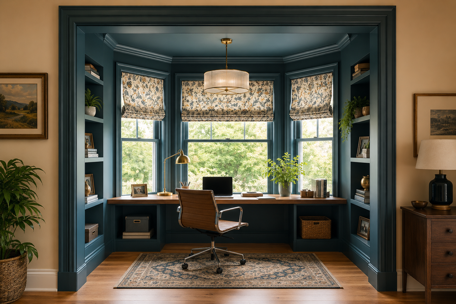 A bay window home office with deep teal trim, a full-width desk at sill height, flanking built-in shelves, and a drum pendant light overhead
