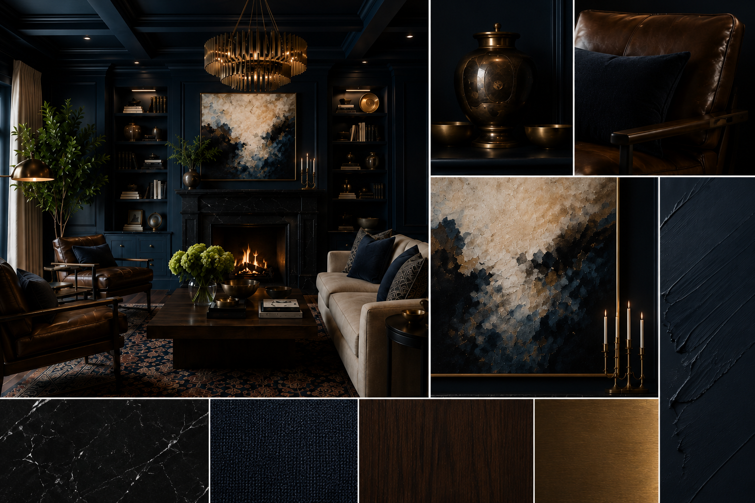 Moody navy moodboard with dark material swatches, brass hardware details, and leather textures