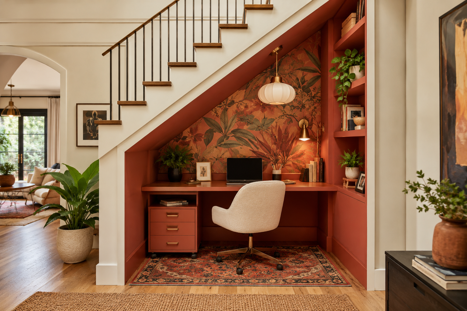 An under-stair home office alcove painted in warm terracotta with botanical wallpaper, a pendant light, and a rolling drawer unit tucked under the sloped ceiling