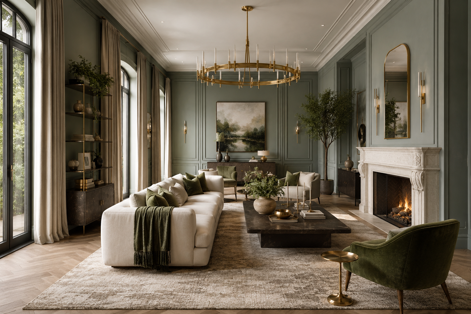 Sage green living room with white trim, tall ceilings, cream sofa, and marble fireplace