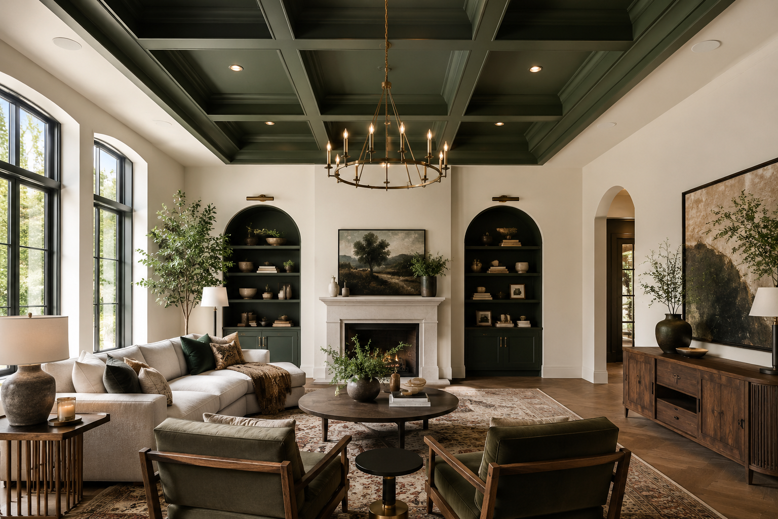 Living room with dramatic dark green painted coffered ceiling contrasting against white walls