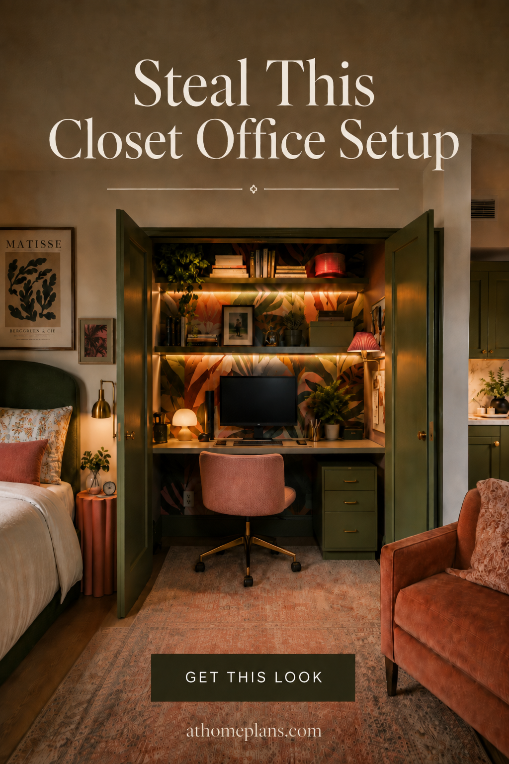 Closet office with open painted doors, wallpaper interior, floating shelves, and LED strip lighting