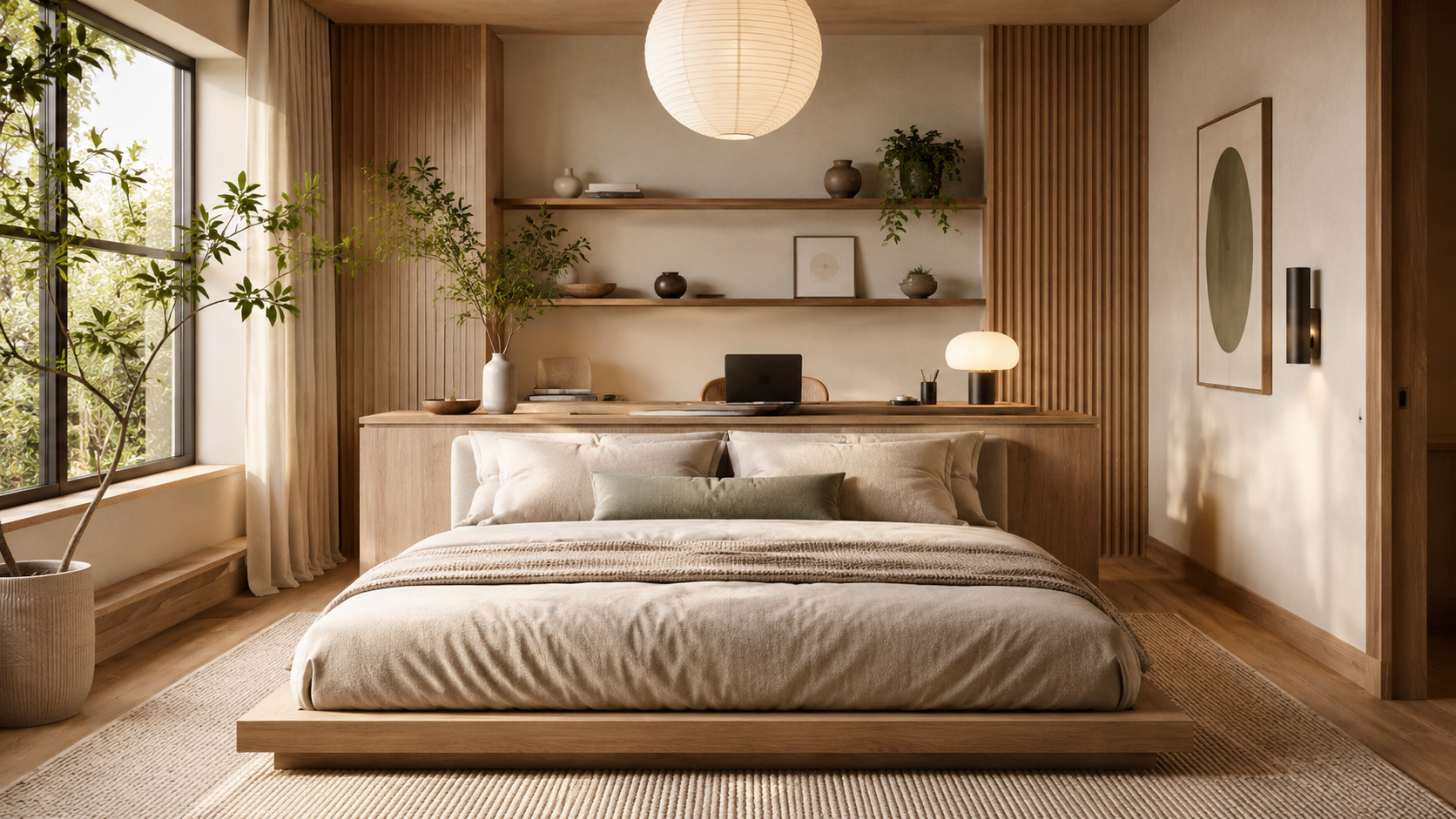 A warm wood desk styled with a small plant, a decorative tray, and soft textiles that make it feel like a natural part of the bedroom rather than an office intrusion