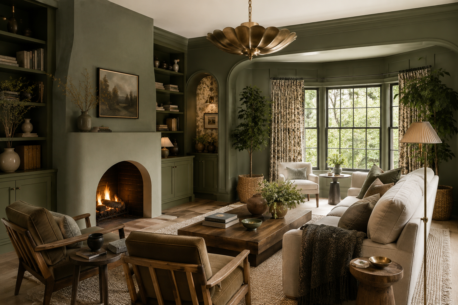 Full olive green living room with cream sofa, natural wood coffee table, wicker chairs, and fireplace showing tonal layering