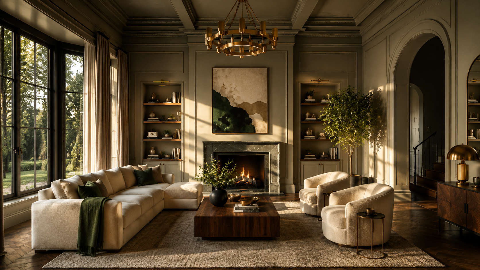 Living room with dramatic natural light streaming through tall windows, showing how light direction shifts wall color throughout the day