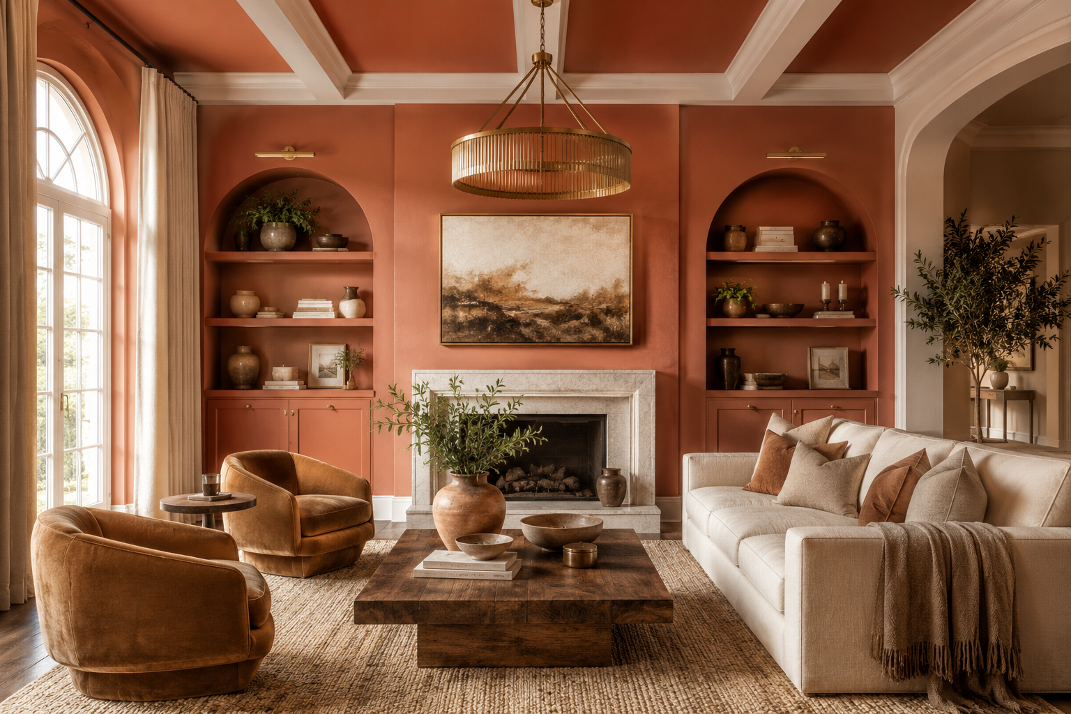 Terracotta living room with warm clay walls, velvet armchairs, jute rug, and fireplace