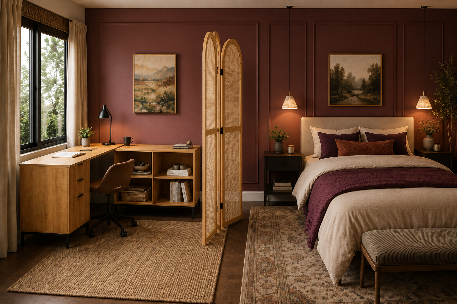 Bedroom with a desk positioned in a corner, away from the bed, creating a calm and functional dual-purpose room