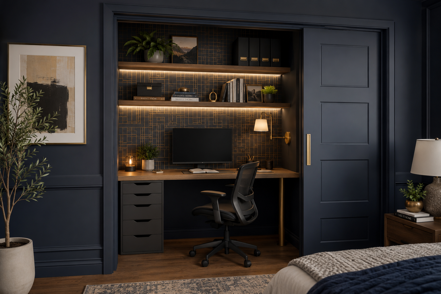 A dark navy closet office with a barn door slid fully open, warm LED shelf lighting, and a wall-to-wall desk with drawer unit below