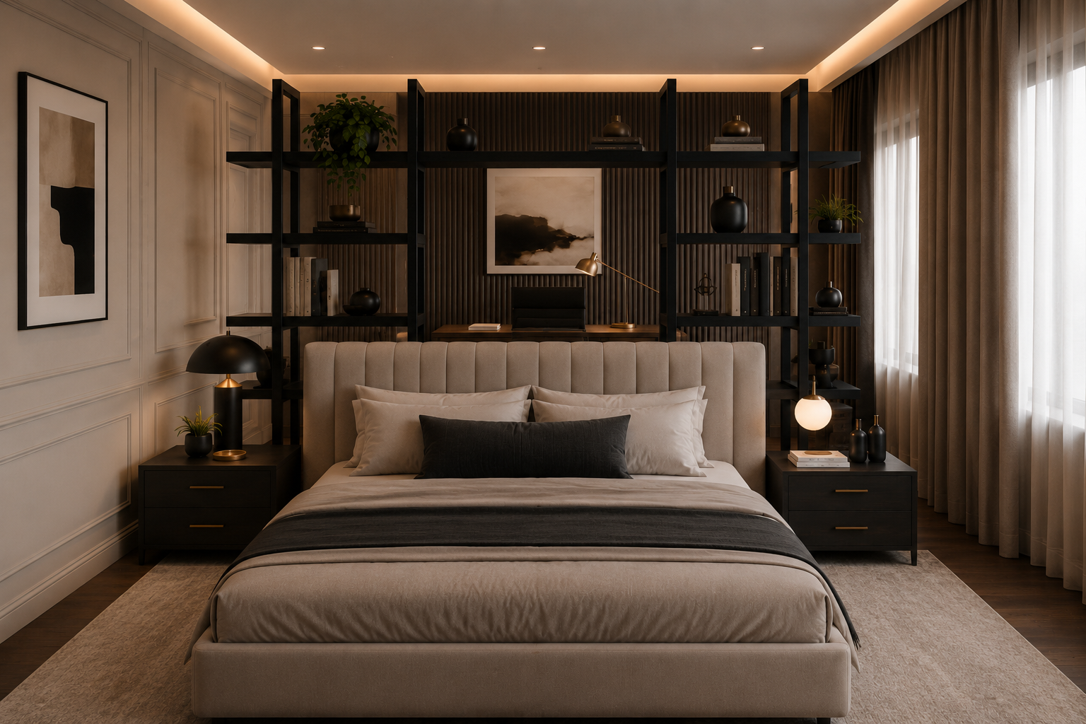 A bedroom desk with a directional warm-toned task lamp illuminating only the work surface, while soft ambient lighting fills the rest of the room