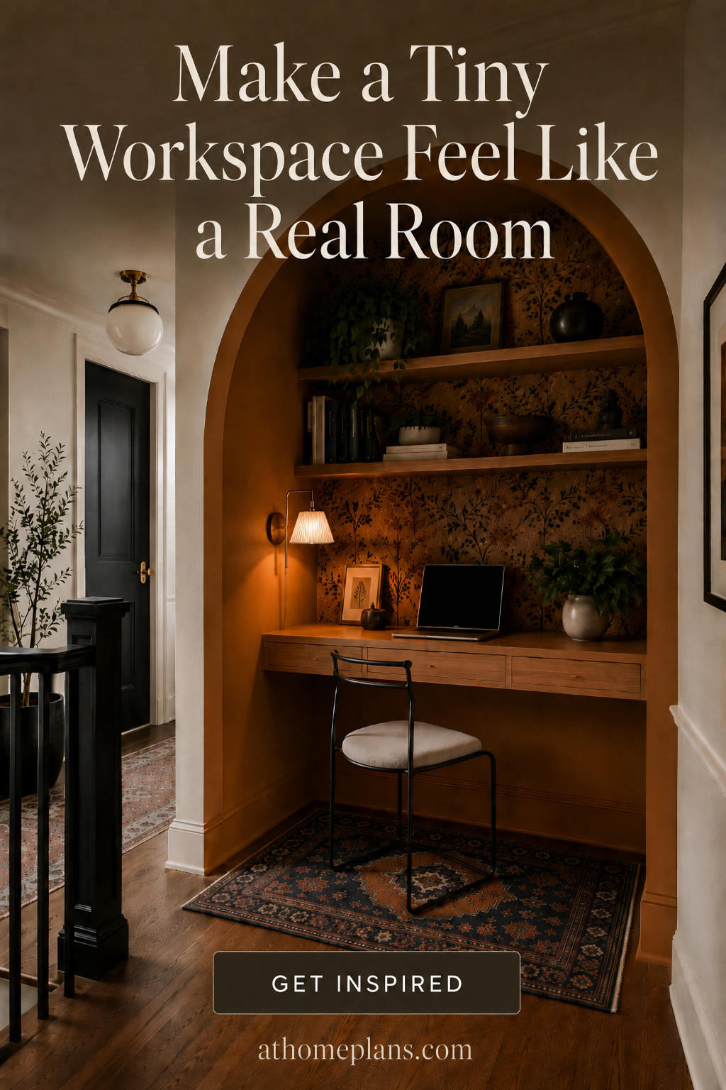 Bay window home office with deep teal trim, full-width desk at sill height, and drum pendant light