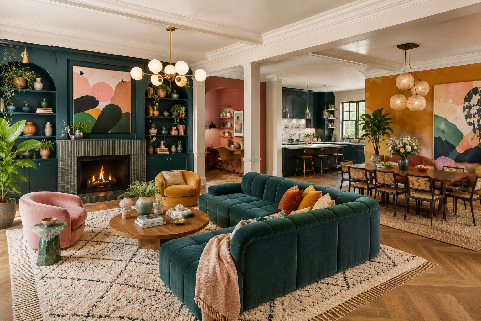Floating sofa pulled away from the wall, defining the living zone in an open floor plan