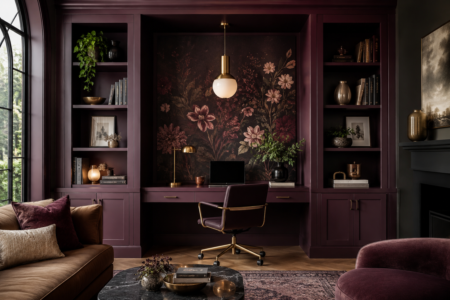 A between-bookcase alcove nook in deep plum with a botanical mural, globe pendant light, and curated shelf objects on either side