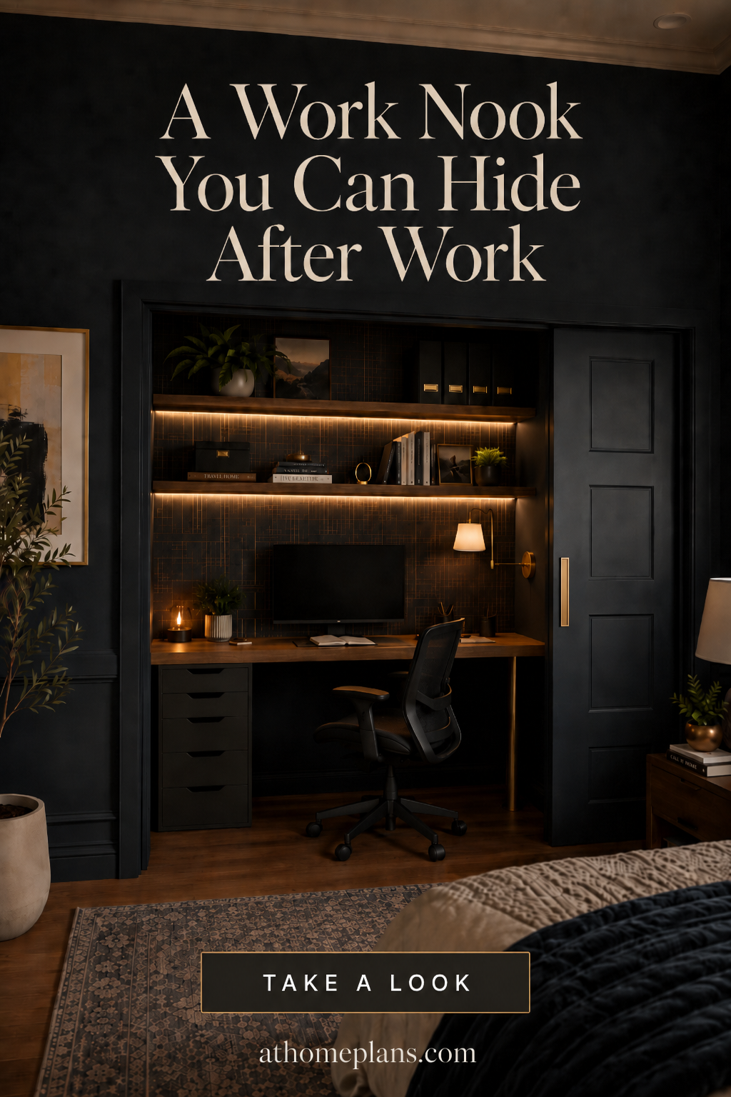 Alcove home office nook with botanical wallpaper, warm pendant light, floating desk, and patterned rug