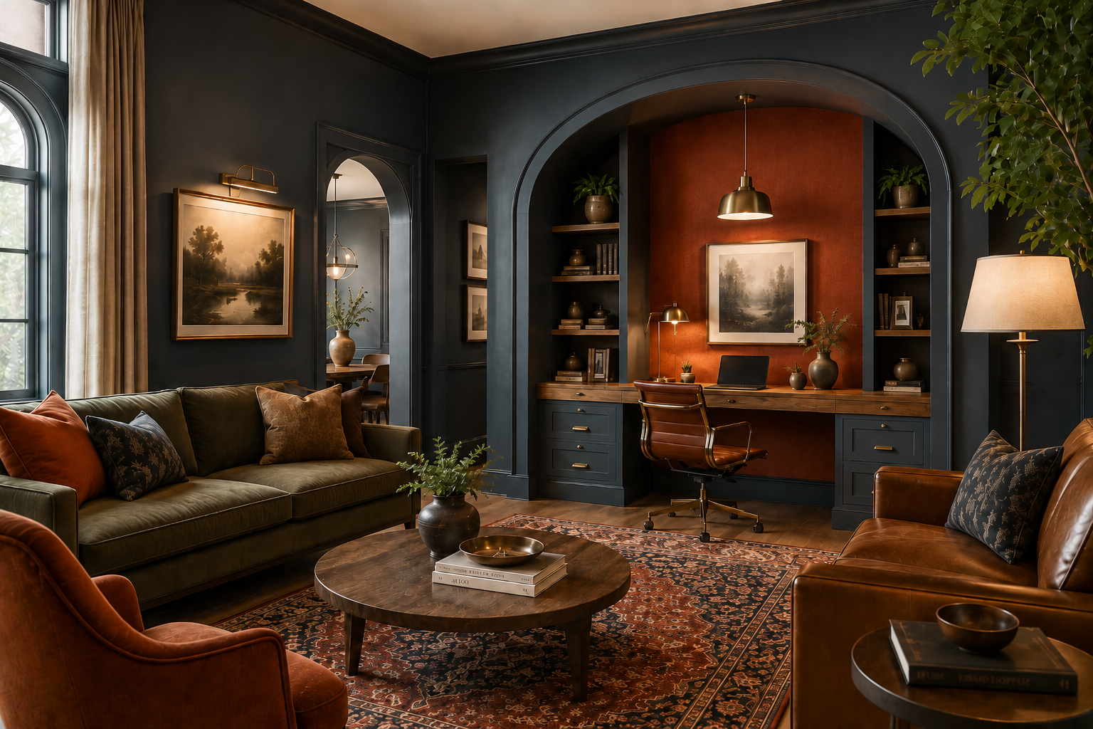 An arched alcove office set into a dark charcoal living room with a terracotta-painted interior, floating desk, pendant light, and open shelving
