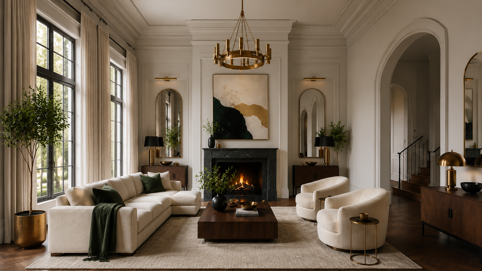 Spacious living room with high ceilings, large arched windows, and neutral tones showing how proportions and finish affect perceived space