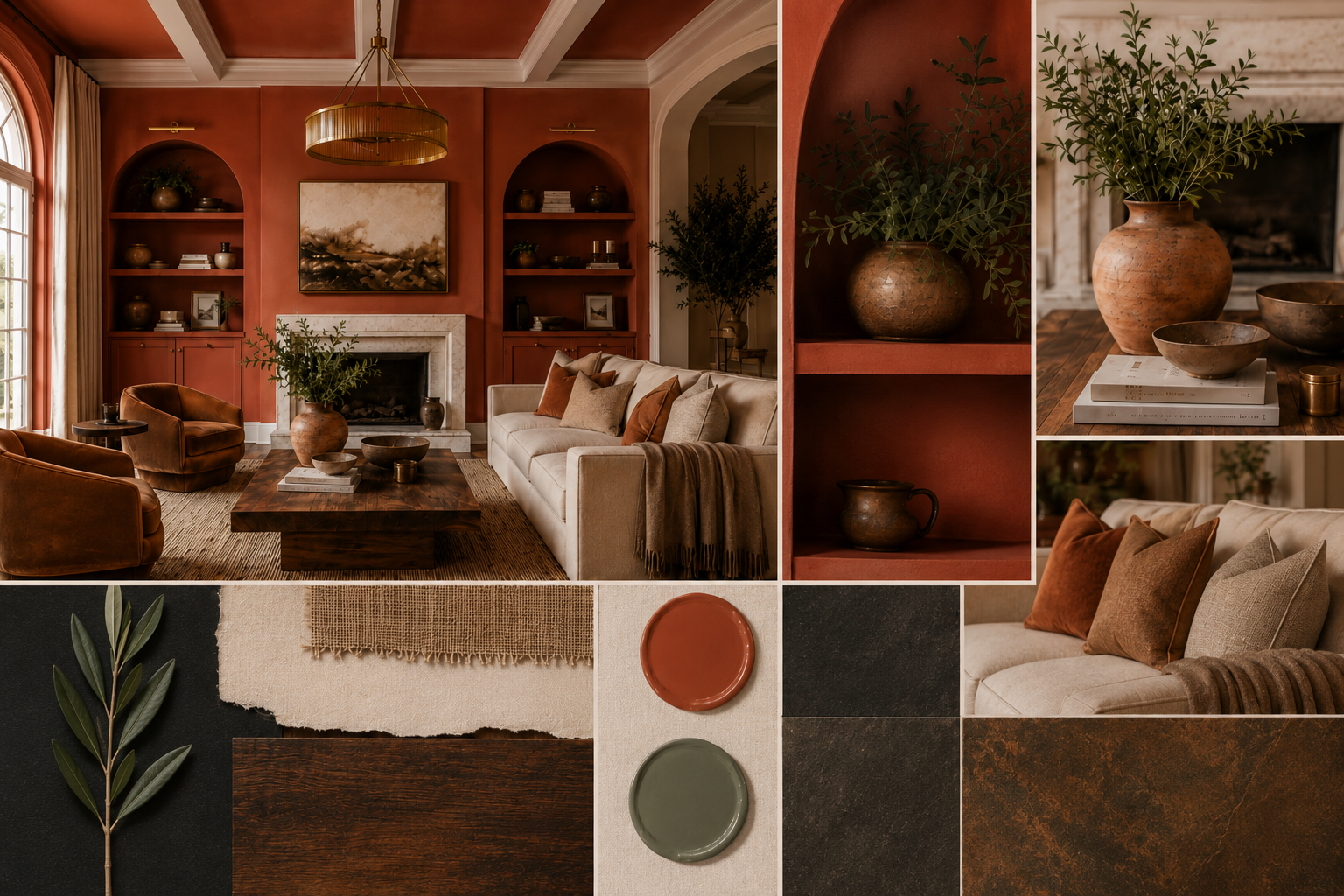 Terracotta living room moodboard with warm paint chips, sage accent, earthy fabrics, and dark stone