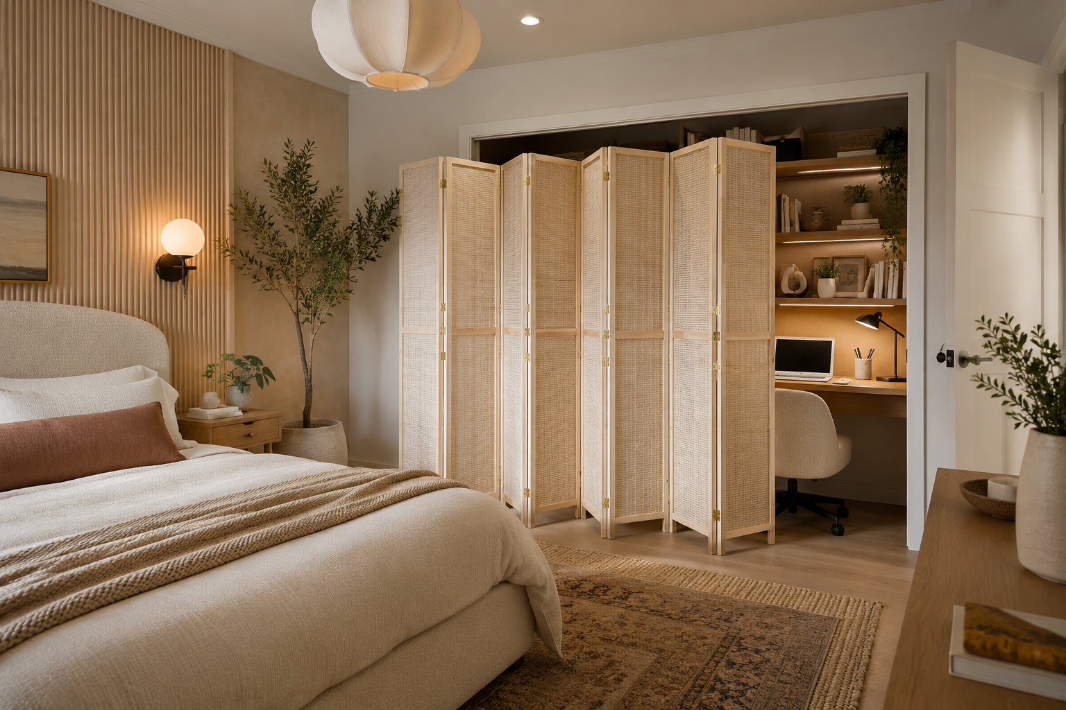 A closet converted into a compact home office with a built-in desk, shelving, and task lighting