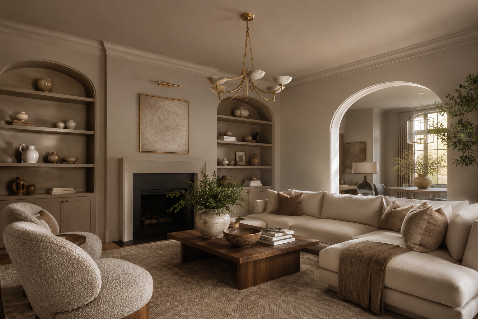 Warm greige living room with cream sectional, arched built-ins, brass chandelier, and fireplace