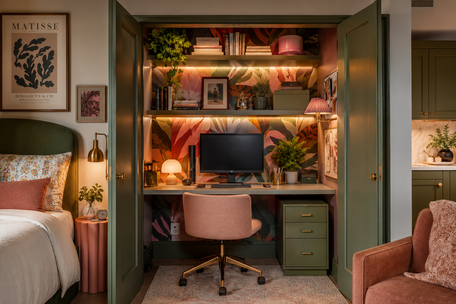 A completed closet office with open green painted doors, wallpaper interior, floating shelves with LED strip lighting, and a pink task chair