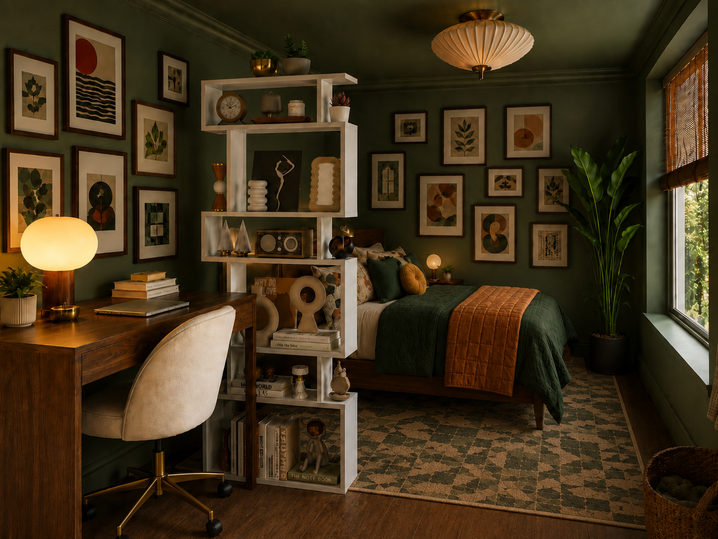 A beautifully layered bedroom home office at dusk, with a warm task lamp glowing at the desk and soft ambient light creating a restful atmosphere throughout the room