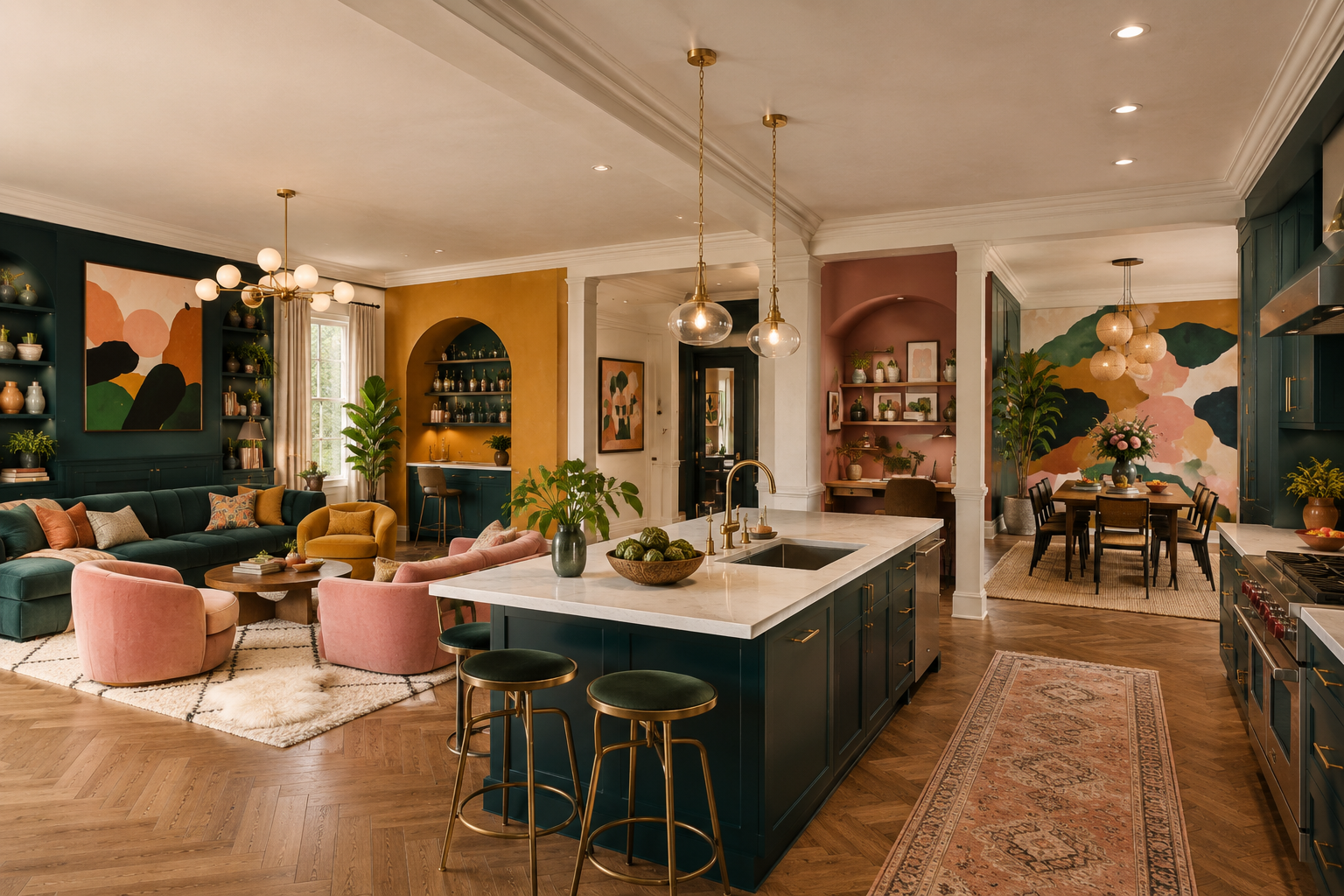 Kitchen island view illustrating clear traffic flow paths through an open floor plan
