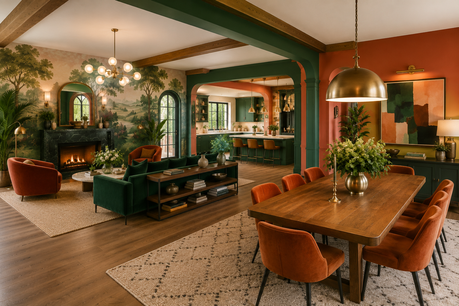 Dining table with pendant light defining the dining zone in an open floor plan