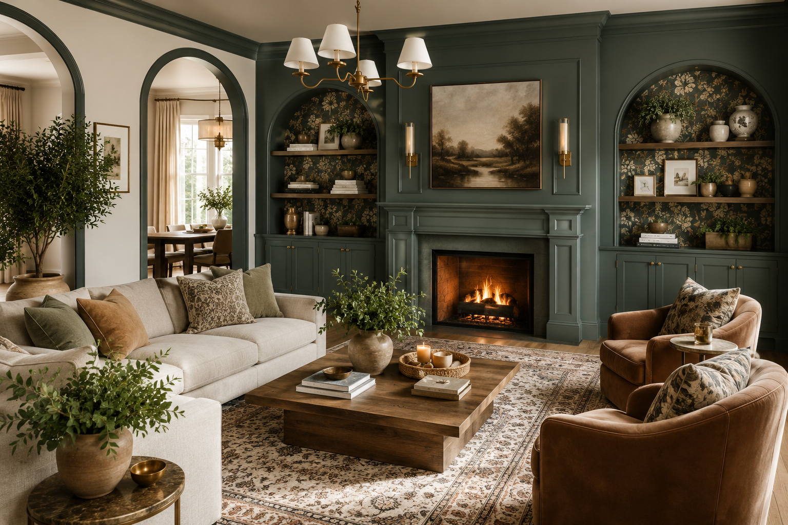 Dark green fireplace chimney breast accent wall with cream surrounding walls, floral built-ins, and leather armchairs