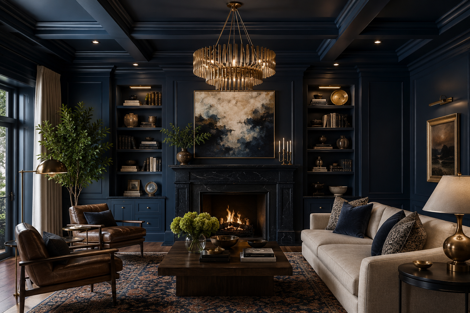 Deep navy living room with coffered ceiling, fireplace, built-in bookshelves, and brass chandelier