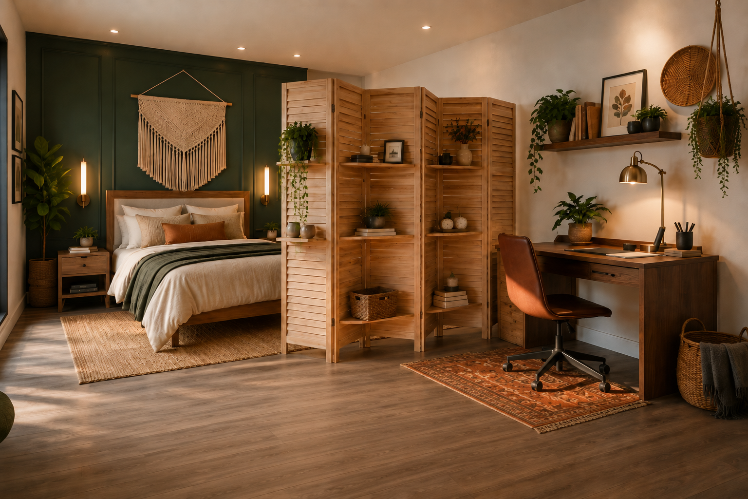 A tall open bookshelf positioned between a desk area and a bed, acting as a soft room divider while adding storage and style