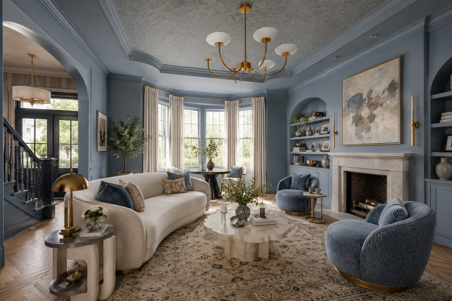 Dusty slate blue living room with curved cream sofa, gold chandelier, and bay windows