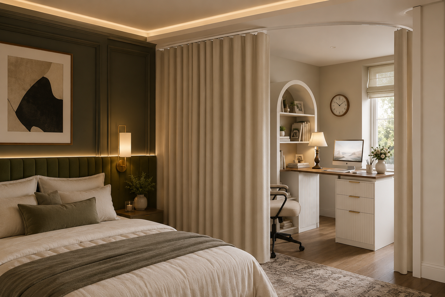 Desk placed in a corner near a window, angled away from the bed for visual and psychological separation