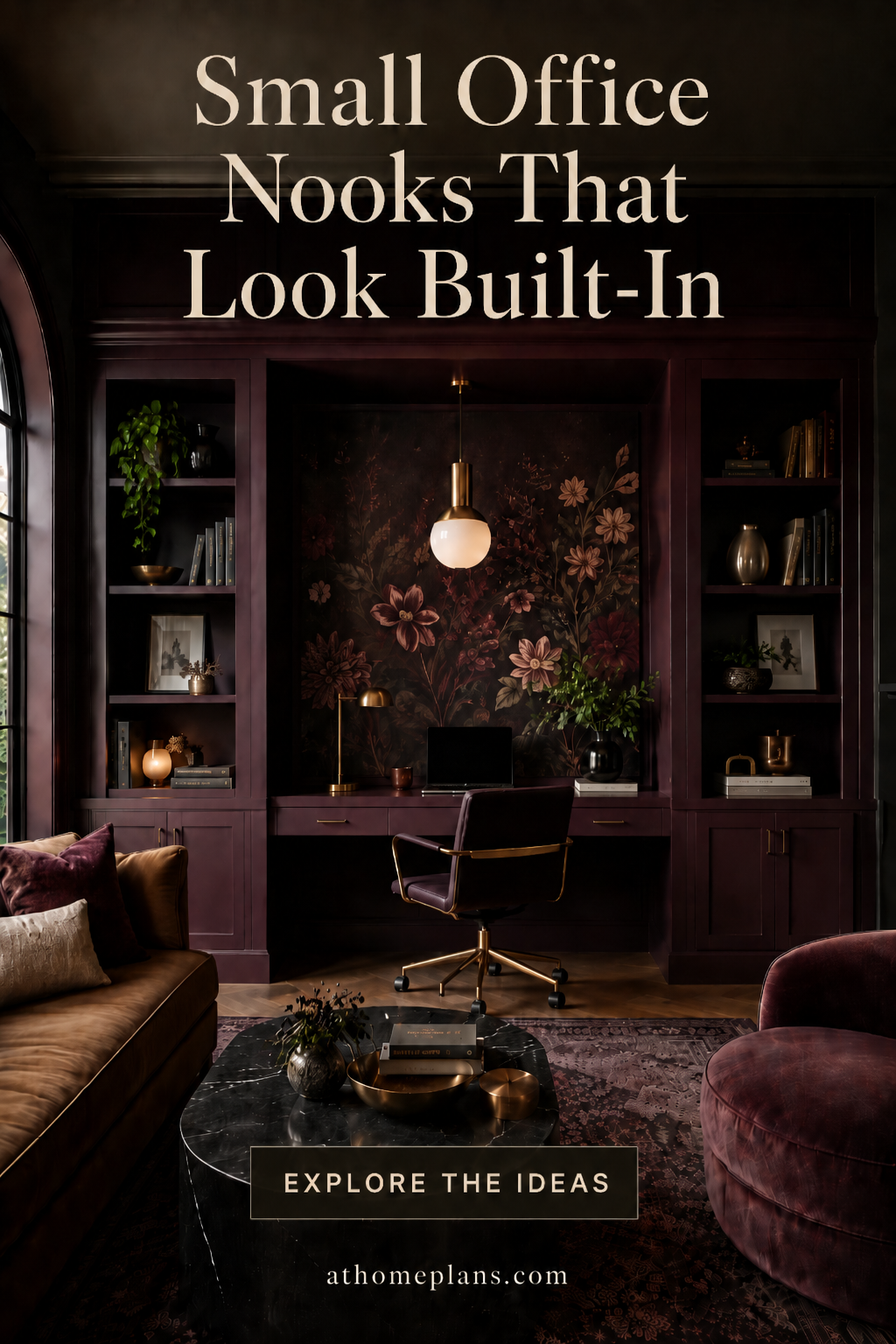 Cloffice with green botanical-wallpapered interior, floating desk, open shelves, and slim upholstered chair