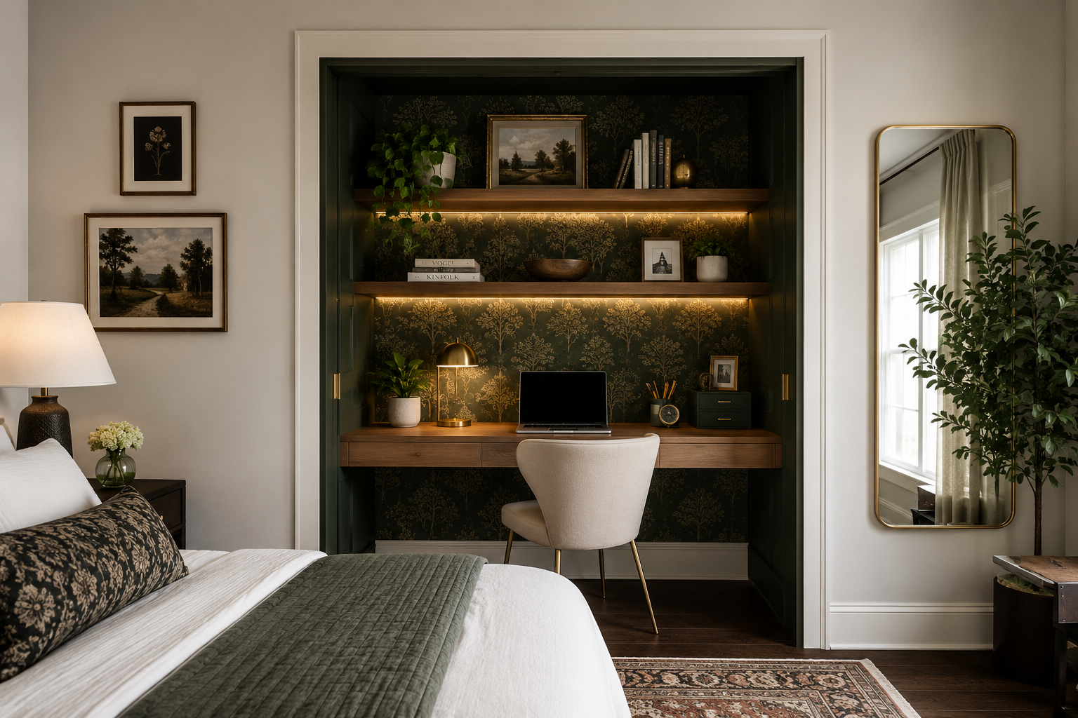 A closet office with white trim and a dark green botanical-wallpapered interior, floating desk, open shelves, and a slim upholstered chair