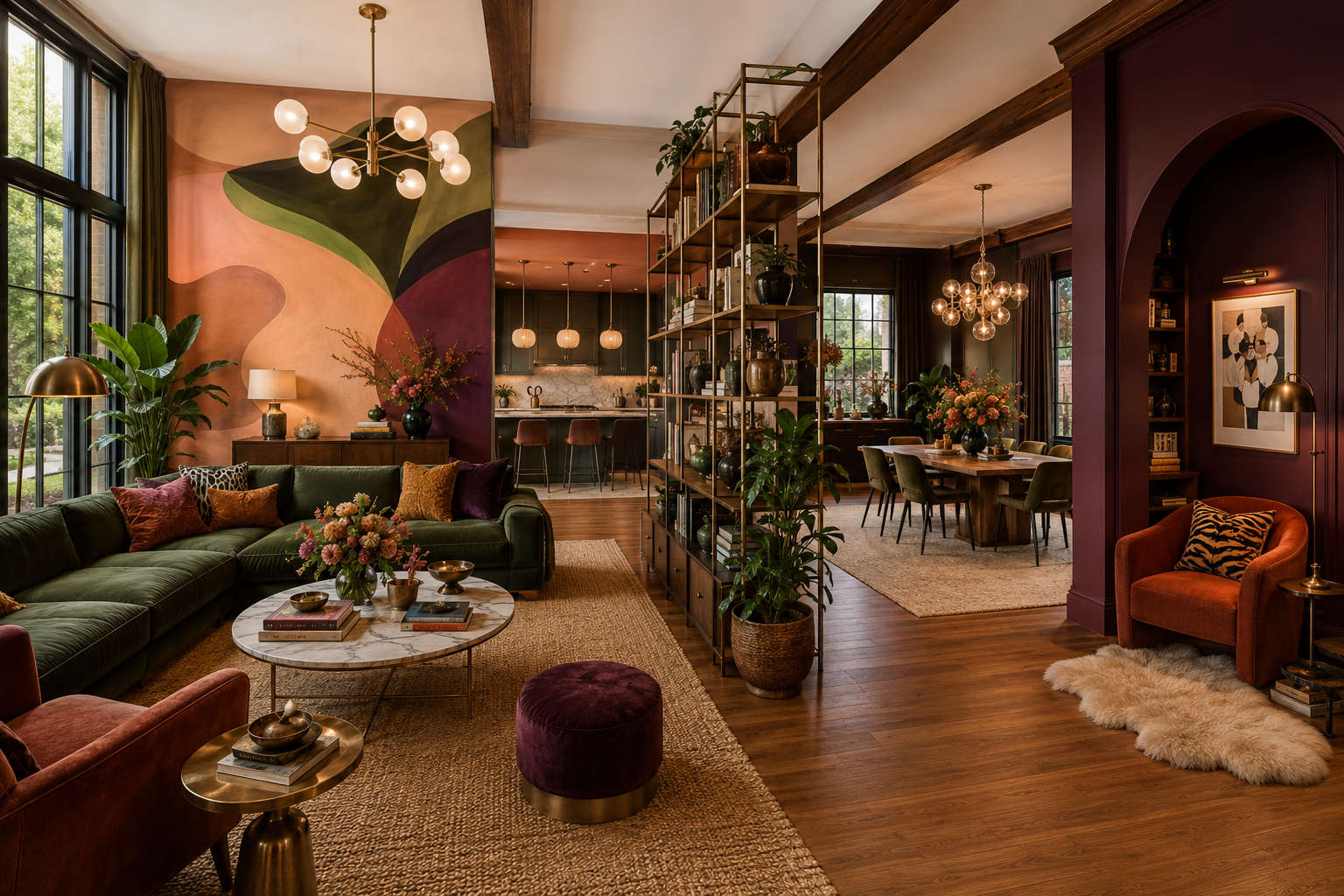 Open bookshelf acting as a soft zone divider between living and dining areas