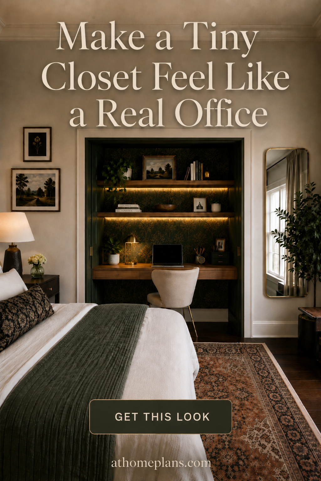 Under-stair home office alcove with terracotta interior, rolling drawer unit, and curated open shelving